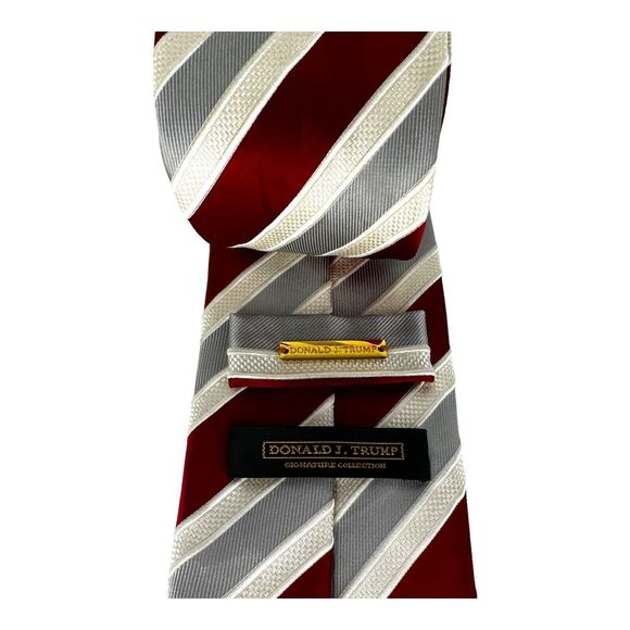 DONALD J TRUMP Signature Collection Gold Bar Red Grey Stripe 100% Silk Tie - Picture 3 of 5
